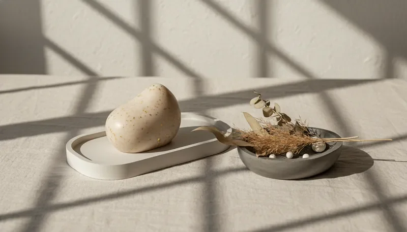 פריטי דקורציה מריזין ובטון בעבודת יד מ־DP STUDIO מסודרים על משטח ניטרלי חם