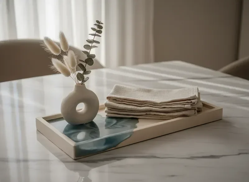 פריט דקורציה מריזין ובטון על שולחן אוכל מינימליסטי