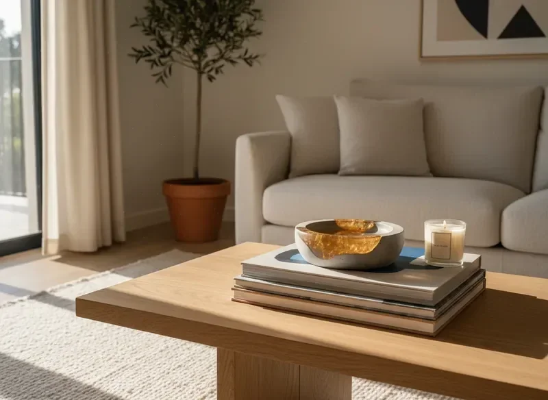 פריט דקורציה בעבודת יד על שולחן קפה בסלון