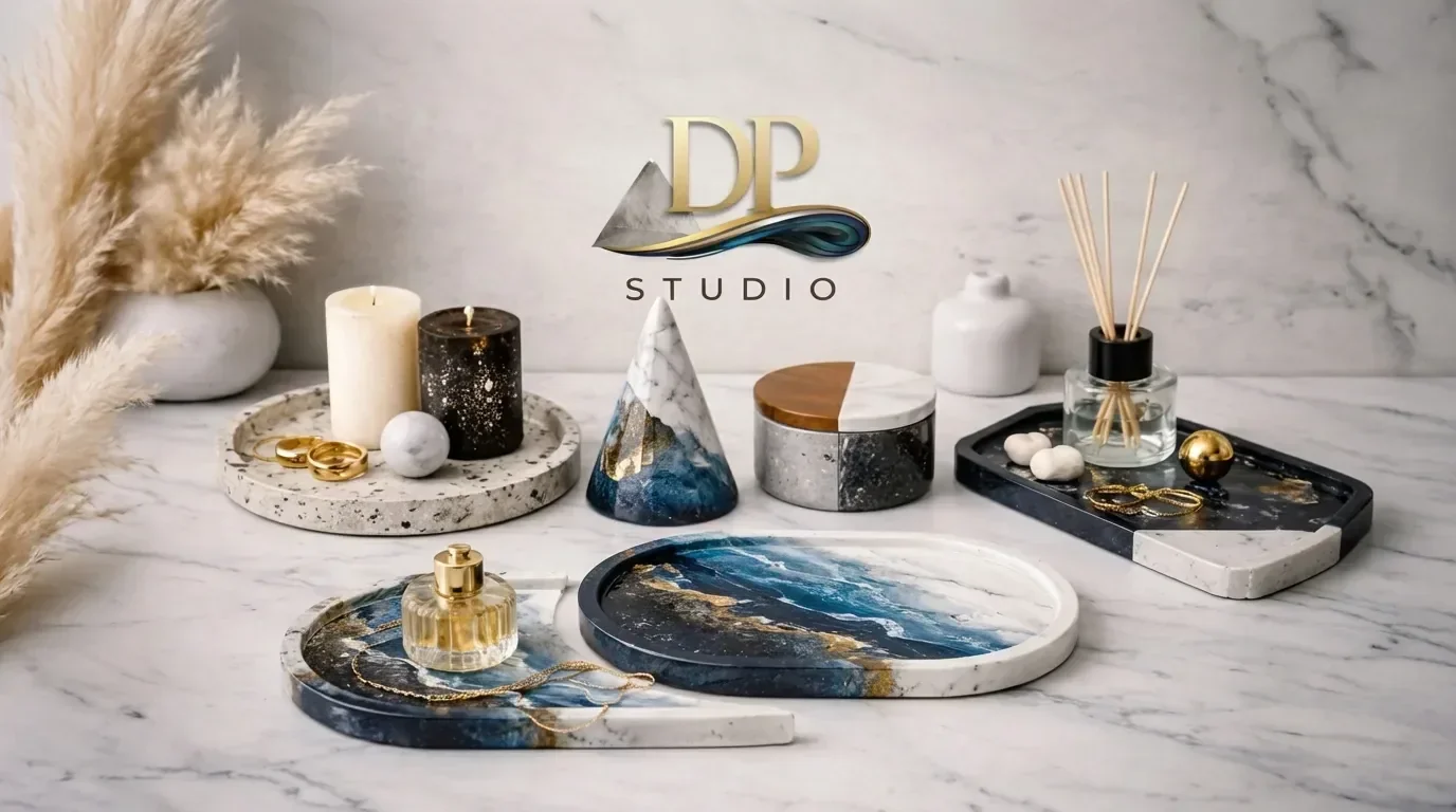 פריט דקורציה מרזין ובטון בעבודת יד בעיצוב פנים מודרני ומוארש