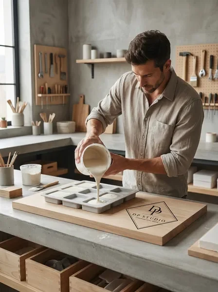 Process of creating resin and concrete items at DP STUDIO