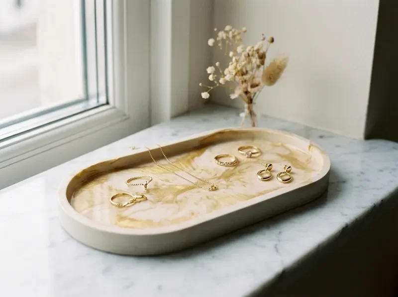 מגש ריזין ובטון בעבודת יד על משטח שיש ליד חלון עם אור טבעי