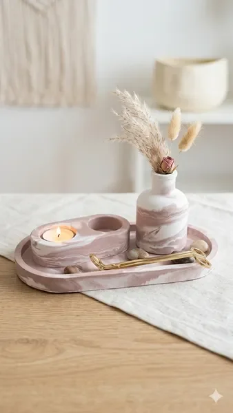 אגרטל בטון כהה עם ריזין קרם על שידת לילה